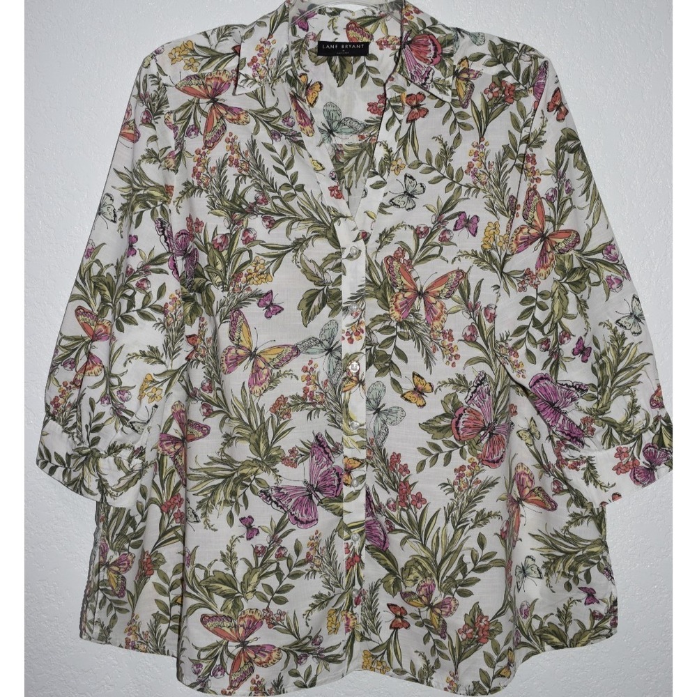 Lane Bryant Blouse 18/20 Botanical Button-Up 3/4 Sleeve Top Butterflies Floral